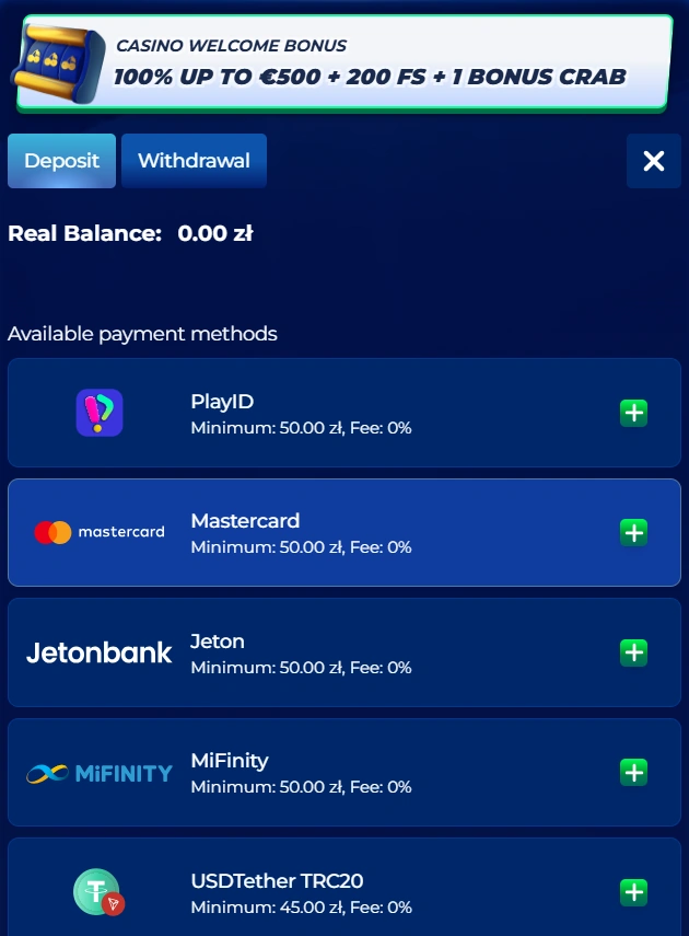 Sekcja platnośći kasyna Basbet 